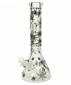 BOB Headquarters New Arrivals Infyniti 14" Glow-in-the-Dark Leaf Print Beaker Bong W/ Ice Pinch