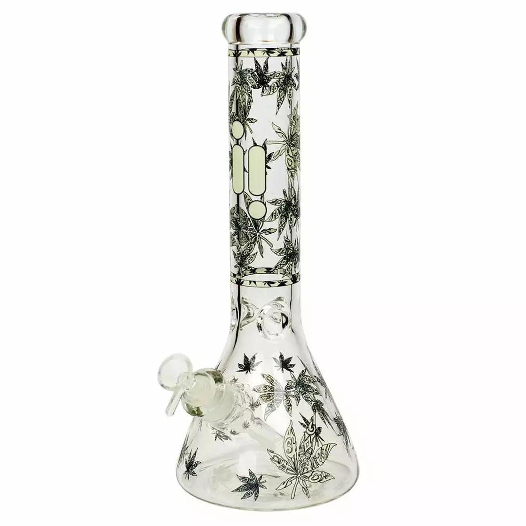 BOB Headquarters New Arrivals Infyniti 14" Glow-in-the-Dark Leaf Print Beaker Bong W/ Ice Pinch